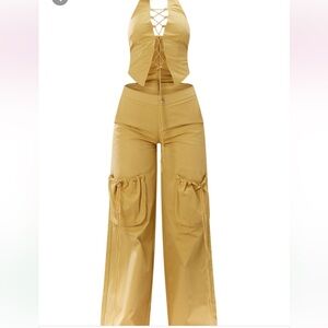 Mustard pocket detail, halter neck, lace up, cargo jumpsuit